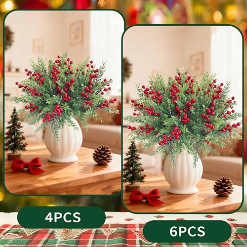 4 Bundles Christmas Artificial Flowers with Red Berries & Norfolk Pine Branches, 36cm each - Perfect for Garlands and Table Décor (4 Bundles)