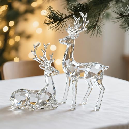 EverZenHub Clear Reindeer Figurines Set of 2 Christmas Resin Decor - Standing & Sitting