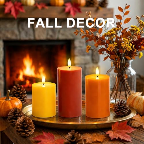 Fall Decor Flameless Pillar Candle Set - Autumn Colors, Real Wax, Safe Flicker