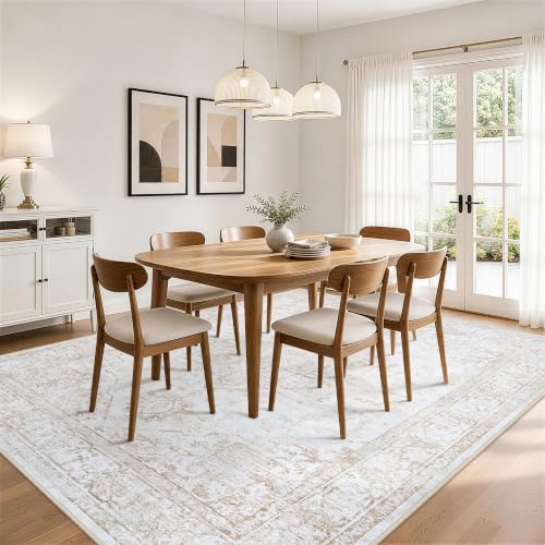 8x10 Beige Washable Non-Slip Area Rug for Living Room - Microfiber, Low-Pile