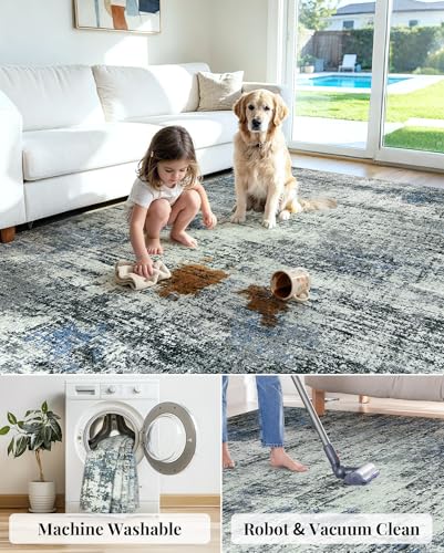Blue Grey Lemonrug 8x10 Large Washable Non-Slip Modern Abstract Area Rug
