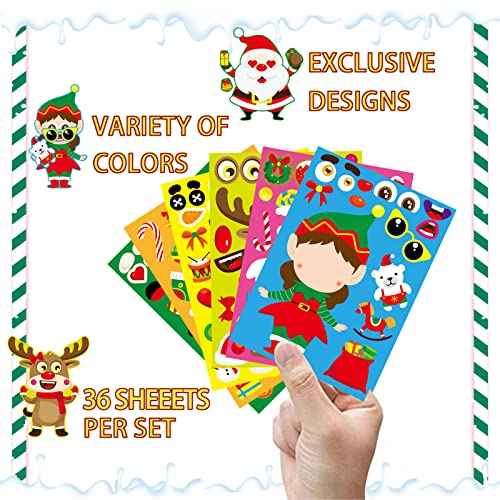 DUJAA 36 Sheets Christmas Party Games Stickers for Kids Make Your Own Sticker, Make a face Sticker with Santa Snowman Reindeer Elf for Kids Holiday Christmas Party Favors
