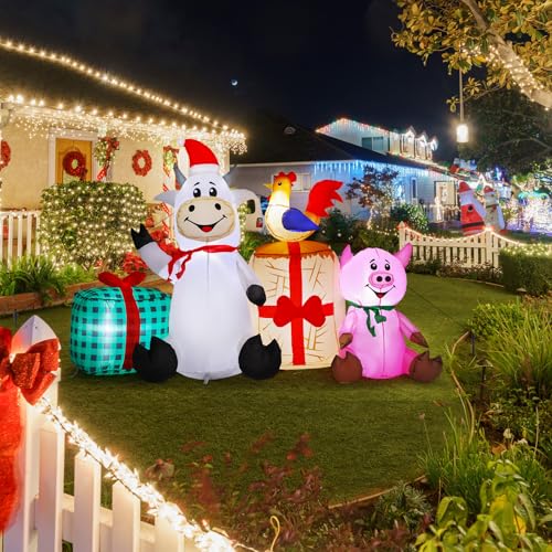 Capoda 6 ft Christmas Inflatable Farm Cow Scene with Pig & Chicken – Outdoor LED Yard Decor