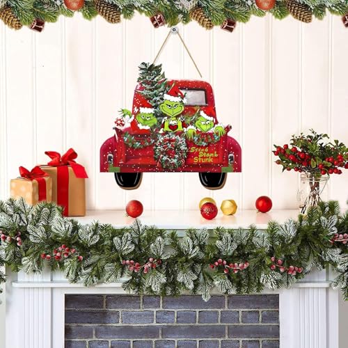 Bpwasxda Christmas Door Sign Green Truck Wreath, Wooden Wall Hanging, Front Door Decor 12.6 x 11.8 in