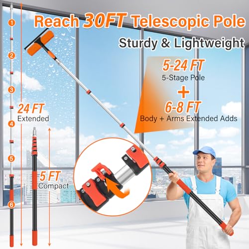 Reach 30FT Telescoping Duster Cleaning Kit with 5-24FT Extension Pole - Lightweight & Durable