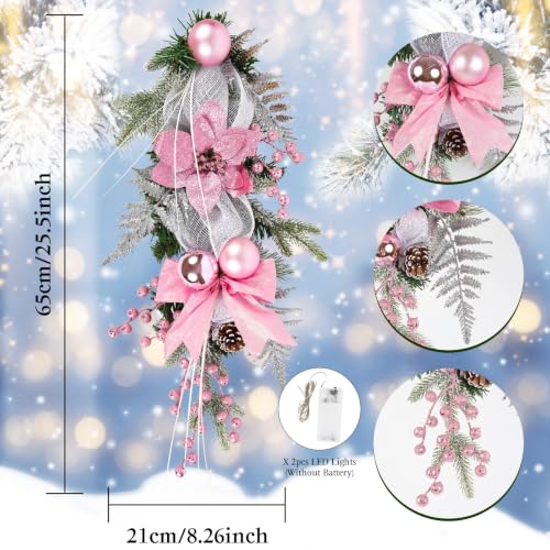 IPOPU Pink 2 Pack Christmas Teardrop Swags 25.5 Inch Decor with Bowknot & Berries