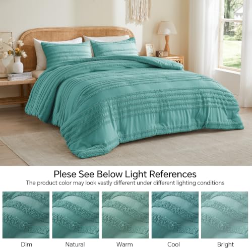 Queen Boho Comforter Set - Aqua Tufted Bedding with Pillowcases