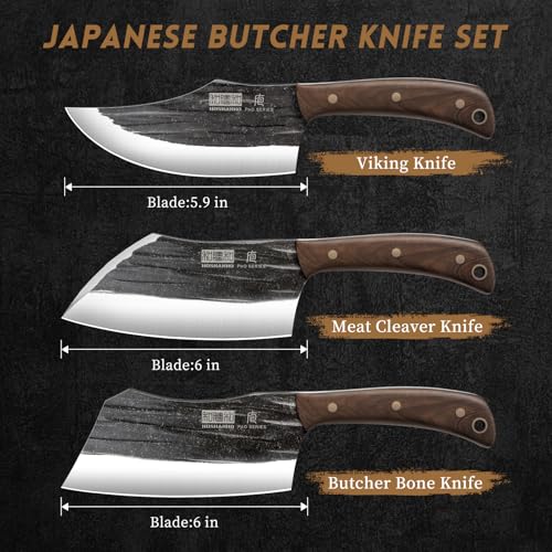HOSHANHO 6-Inch Butcher Knife Set - Bone Cleaver & Viking Knife, 3-Piece