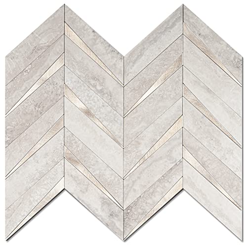 Peel and Stick Backsplash Tiles - 10 Sheets, Herringbone Design, Beige Mixed Metal Gold, Self-Adhesive Wall Tile for Kitchen & Bathroom (Variation: Grayish Beige Mixed Metal Gold)