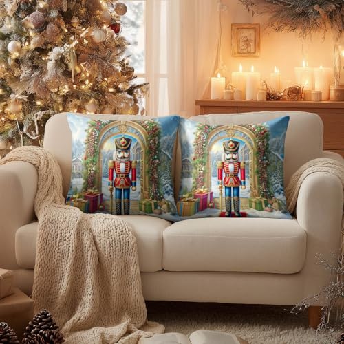 HOMETITUTE Set of 2 Christmas Nutcracker Throw Pillow Covers 18x18