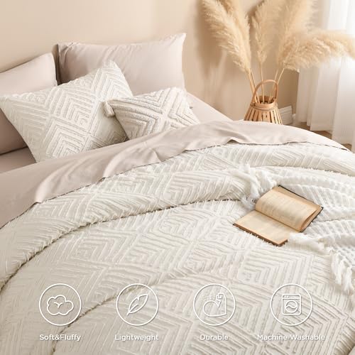 Andency King Size Beige Boho Comforter Set 3 Pieces - Reversible, Ultra Fluffy, 104x90"