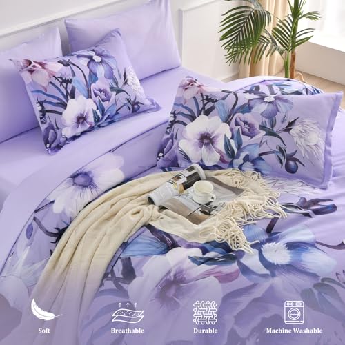 Queen Size Lavender Floral Comforter Set - 7 Piece Microfiber Bedding, All Season