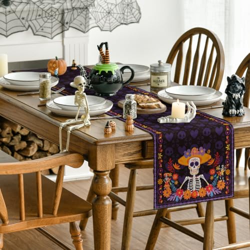 Artoid Mode Daisy Guitar Skull Day of The Dead Table Runner, Dia De Los Muertos Mexican Kitchen Dining Table Decoration for Home Party Decor 13x72 Inch