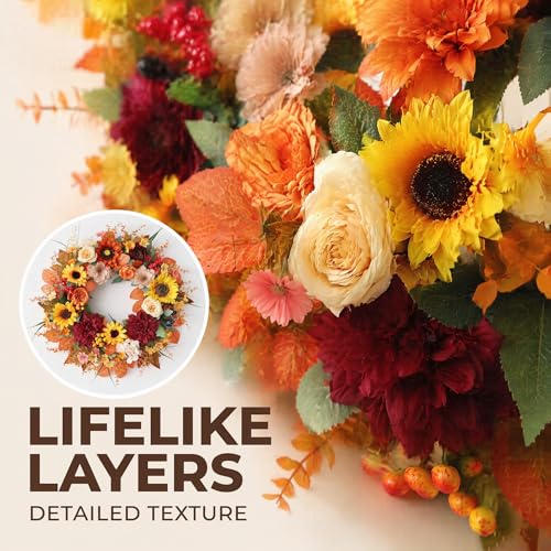 24 Inch Autumn Sunflower Fall Wreath for Front Door & Porch Decor