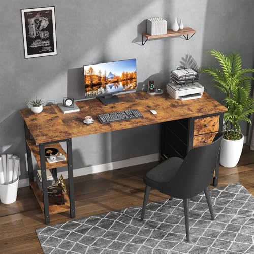 Lufeiya 63 Inch Rustic Brown Computer Desk with Storage Shelves & Fabric Drawers - Home Office Study Table