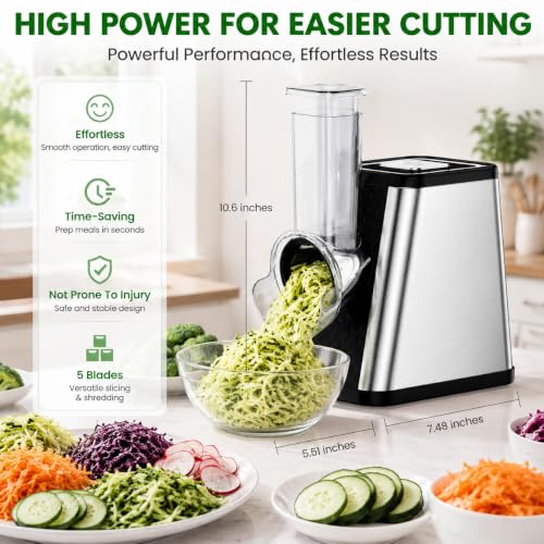 Electric Cheese Grater for Block Cheese & Vegetables - Silver - 5-in-1 Kitchen Tool