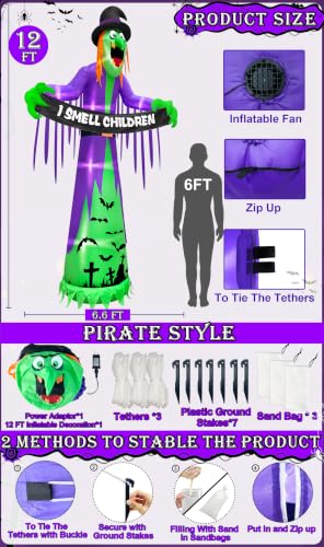 12FT Giant Halloween Inflatable Witch with LED Lights and Banner for Outdoor Decor