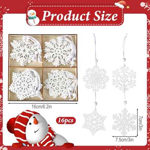 16 Pcs Wooden Snowflake Christmas Ornaments, White Snowflakes for Crafts, Snowflake Hanging Ornament for Christmas Tree Winter Garland