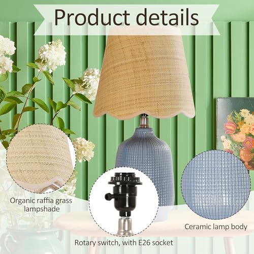 Navy Blue Ceramic Table Lamp with Rattan Shade - Modern 19" Desk Light for Living Room & Bedroom