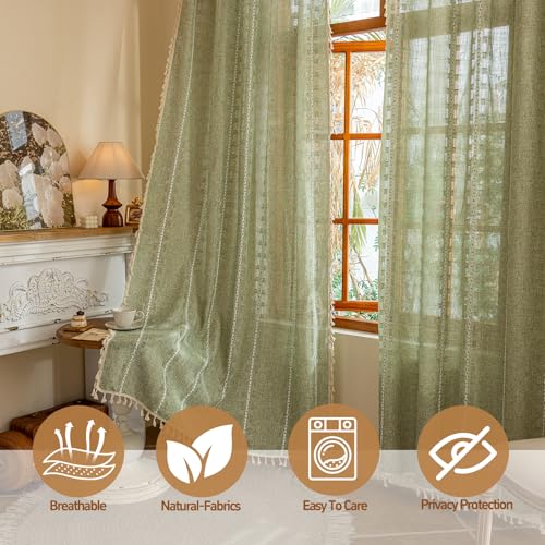 DreDecor 2-Piece Sage Green Sheer Curtains 50"W x 84"L Boho Farmhouse Style