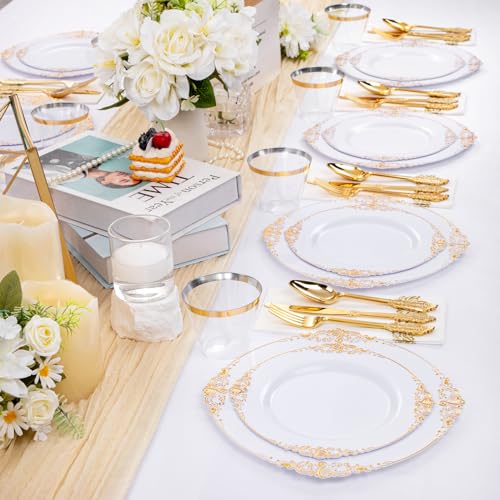 White and Gold Disposable Plates Set for Weddings and Events - 50 Pieces