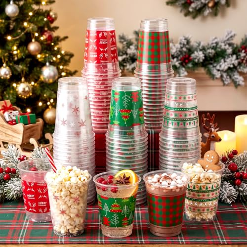 100 Pcs Christmas Plastic Cups 12 oz - Classic Holiday Party Disposable Glasses