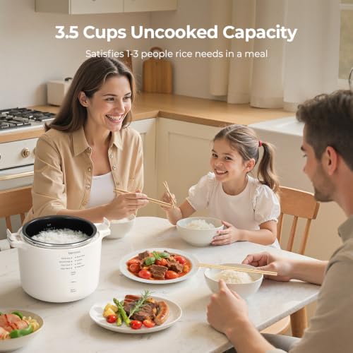 Mini Rice Cooker 3.5-Cup Capacity for White & Brown Rice, Steaming & Slow Cooking
