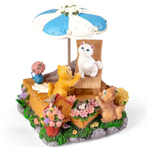 Cat Music Box with Rotating Umbrella, Hand-Painted Resin Figurine