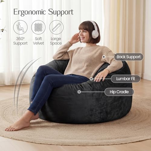 Yagamo 3FT Jet Black Memory Foam Bean Bag Chair with Washable Velvet Cover