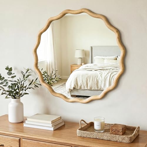 Natural Wood Wavy Circle Wall Mirror 24-inch Boho Round Decor - Variation of THIS listing