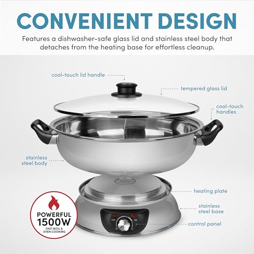 Dual-Sided Hot Pot 5Qt Stainless Steel - Adjustable Temperature, Dishwasher Safe