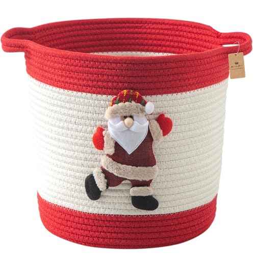 Christmas Basket with Santa Claus Doll, Woven Cotton Rope Christmas Storage Basket with Handles, Christmas Toy Baskets for Baby Towels, Diapers, Pet Toy Storage Basket, Red