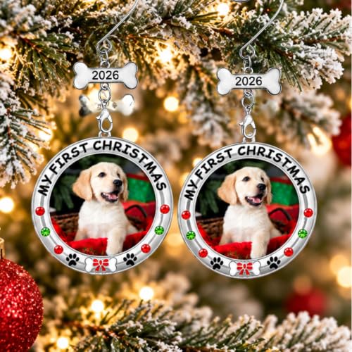 BANBERRY DESIGNS My First Christmas Dog Photo Ornament Set of 2 (2026) – Includes 2 Storage Bags, Non-Customized