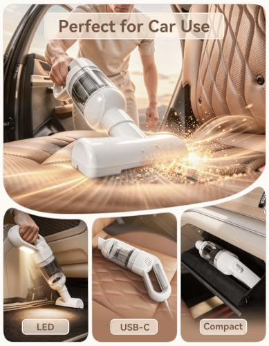 Cordless Handheld Vacuum Cleaner with 20,000 Pa Suction - White - Rechargeable Car & Home Cleaner