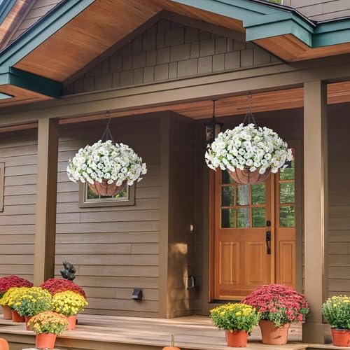 Ivydale 2 Pack Artificial Hanging Flower Baskets for Outdoors - White Morning Glory Faux Plants, UV Resistant, Realistic 24 Pcs Set