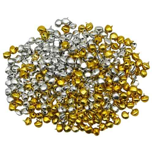 300Pcs 1/4inch Mini Jingle Bells 8mm Tiny Craft Bells Small Metal Bells Bulk for DIY Bracelet Anklets Necklace Knitting Jewelry Making (Silver, Gold)