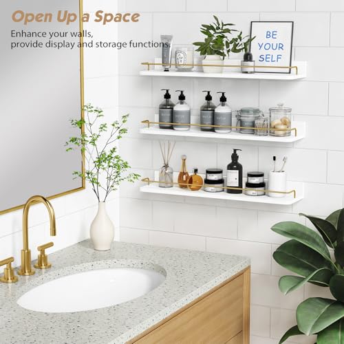 24 Inch Bathroom Floating Shelves Set of 3 Wall Mounted with Rail White and Gold Variation