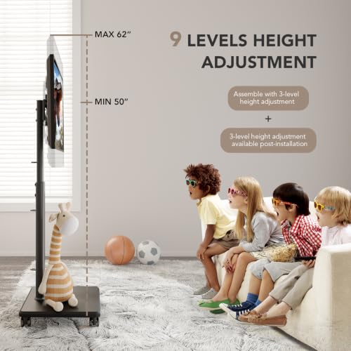Black Portable Floor TV Stand with Wheels, 27-65 Inch Adjustable Swivel, Max 88 lbs