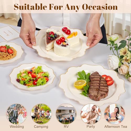 WDF Ivory Plastic Plates Set 200pcs - Gold Rim Disposable Dinner & Dessert Plates - Variation: Ivory / 200