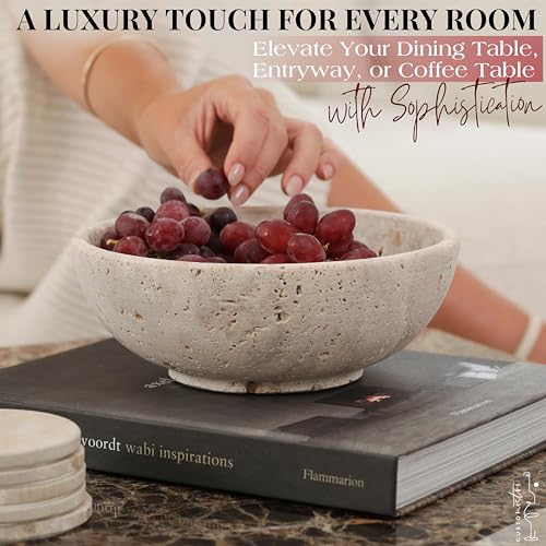 Travertine Decorative Bowl - 8-Inch Stone Centerpiece for Coffee Table & Home Decor - Heavy Natural Limestone