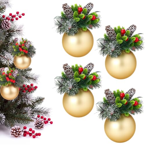 Kadrama Gold 4-Inch Christmas Tree Ball Ornaments - Set of 4 with Rustic Pinecone Accents