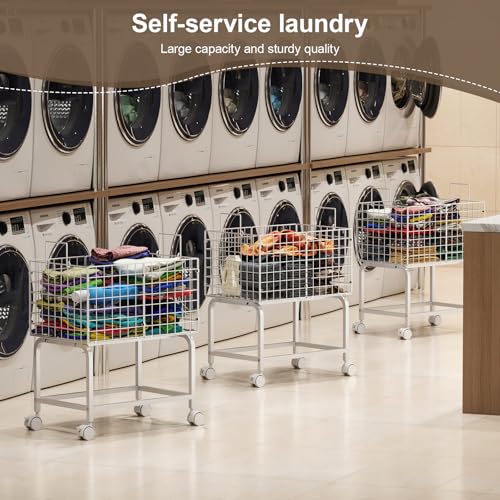 Eyteenokk 80L White Wire Rolling Laundry Basket with Handle, 23.6 x 15.75 x 28 inches