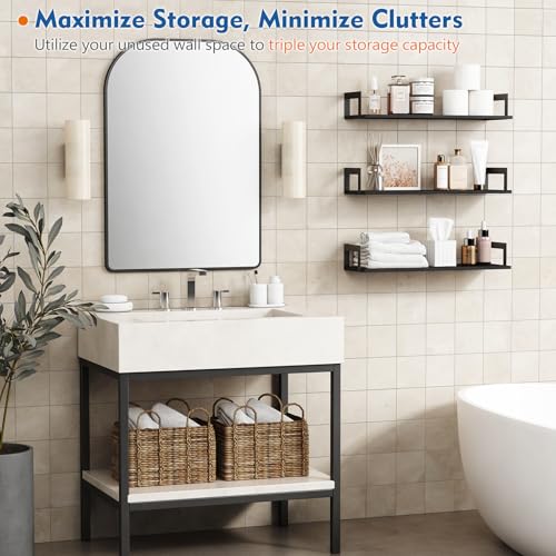 Black Wall Shelves Set of 3 - 24 x 8 Inch Floating Shelves for Bedroom & Living Room - Variation: 24 x 8 Inch / Black