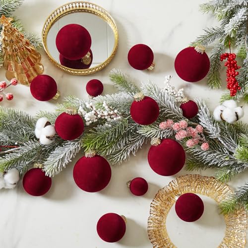 Burgundy Velvet Christmas Ball Ornaments-46pcs Shatterproof Tree