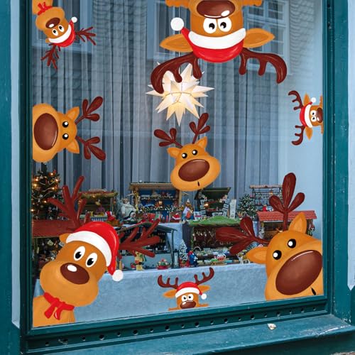 Christmas Reindeer Window Clings - Cute Cartoon Animal Decals, Reusable PVC Window Decor for Winter, Birthday, Baby Shower, Party Glass Mirror, 4 Sheets