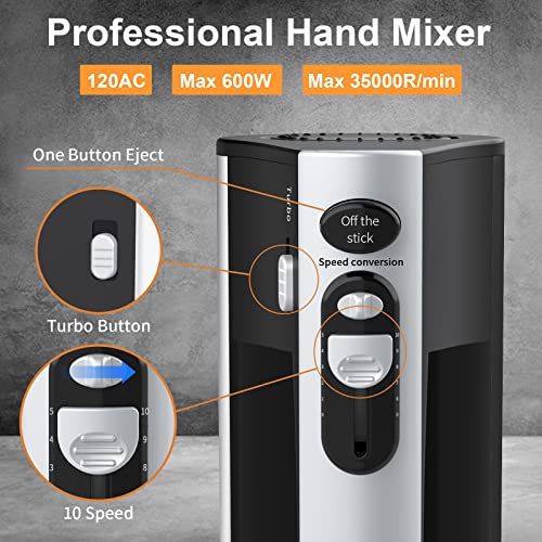 Black 600W Hand Mixer with 10 Speeds Turbo Function - Lightweight Kitchen Appliance