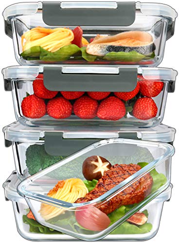 M MCIRCO 5-Pack 36 oz Glass Food Storage Containers with Lids - Gray, Leakproof, Microwave & Dishwasher Safe