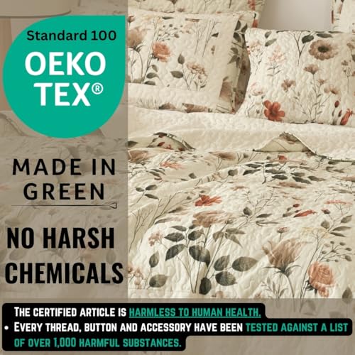 DaDa Bedding Enchanted Meadow King Quilt Set Floral Bedspread Beige
