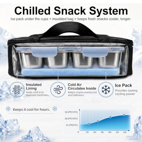 Insulated Snack Box with 8 Stainless Steel Cups & Ice Pack - Kids Travel & Picnic Container Variation of 8 Compartment With Ice Pack