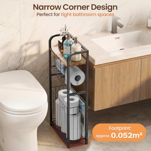 Black Freestanding Toilet Paper Holder Stand with Storage Shelf for Small Bathrooms